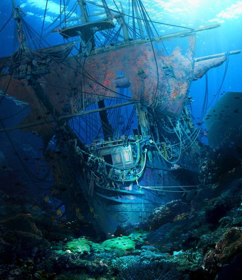 ArtStation - Sunken Pirate Ship, Andrii Prymak Shipwreck Tattoo, Sunken Ship Tattoo, Sunken Pirate Ship, Underwater Shipwreck, Pirate Ship Art, Sunken Ship, Kaptan Jack Sparrow, Nautical Wallpaper, Old Sailing Ships