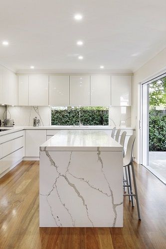 Waterfall Benchtop, Lacquer Cabinets, Waterfall Island, Sleek Kitchen, Marble Counter, White Kitchen Design, Modern Kitchen Cabinets, Custom Kitchens, White Modern Kitchen