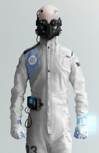 De look van dit character is waanzinnig creepy. het geeft een duidelijke 'insane'-achtige doctor look, voor een eind-baas in games of gewone vijanden. Scifi Goggles, Scifi Medic, Cyberpunk Medic, Sci Fi Doctor, Sci Fi Medic, Futuristic Doctor, Sci Fi Scientist, Cyberpunk Doctor, Cyberpunk Jumpsuit