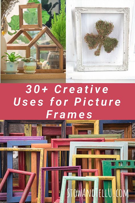 Painted Wooden Picture Frames, Repurpose Picture Frames Diy, Picture Frame Upcycle, Repurposed Jars, Wooden Decoration Ideas, Upcycle Frames, Upcycled Picture Frames, Picture Frame Projects, Frame Projects