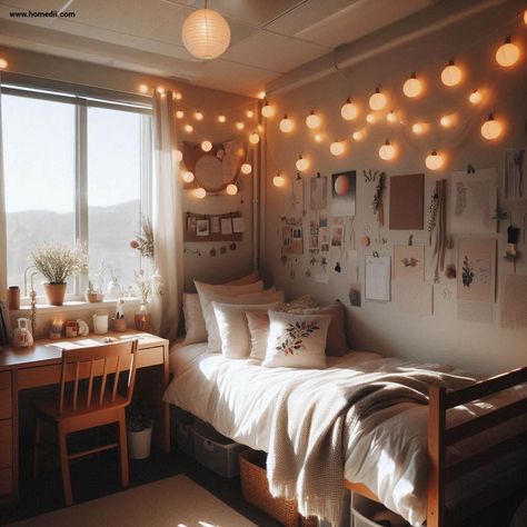 Cozy Dorm Room Hang String Lights, cozy dorm room design, cozy dorm room decor, cozy dorm room interior, cozy dorm room ideas, cozy dorm room inspiration #dormroom #cozydormroom #bedroomdesk #dorm Small Cozy Dorm Room, Dorm Color Ideas, Dorm Room Cozy Aesthetic, Light Academia Dorm Room, Brown Dorm Room Ideas, University Dorm Aesthetic, Comfy Dorm Room, Cozy Dorm Room Aesthetic, University Room Ideas Uk