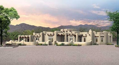 Southwest Style Home Design Plan: 68-133 Adobe House Plans, Southwestern House Plans, Southwest House Plans, Southwestern House, Southwest House, Santa Fe Home, Cheap House, Adobe Home, Cozy Family Rooms