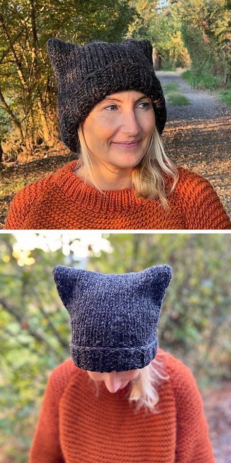 A woman wearing a knitted cat hat. Cap Patterns Free, Cat Ear Hat Knitting Pattern, Cat Ear Hat Crochet Pattern, Cat Hats Knitted, Knitted Hats For Women, Cat Hat Pattern, Cat Ear Beanie, Ear Beanie, Crochet Cat Hat