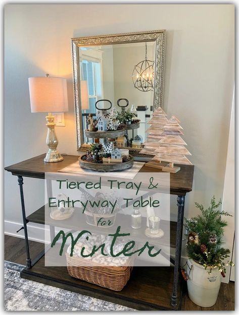 Hallway Decorations, Winter Tiered Tray Decor, Entryway Table Decor Ideas, Side Table Makeover, Diy Side Table, Wood Table Design, Console Table Decorating, Entryway Table Decor, Winter Decorating