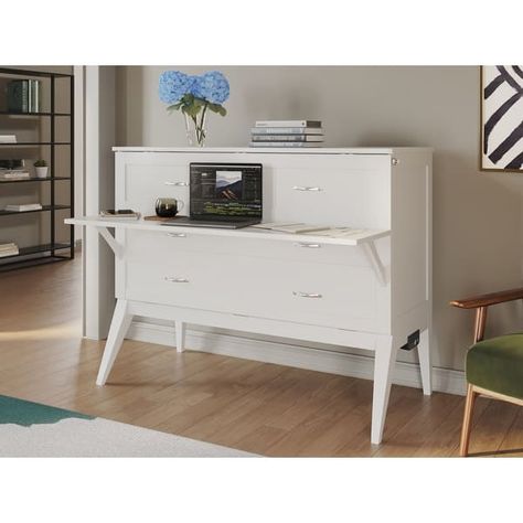 AFI Northampton Full Size Murphy Bed Chest with Desk in White - On Sale - Bed Bath & Beyond - 36670009 Murphy Bed Chest, Hardwood Desk, Full Murphy Bed, Bed Chest, Full Size Murphy Bed, Murphy Bed Desk, Sleek Desk, Mid Century Modern Aesthetic, Full Size Mattress