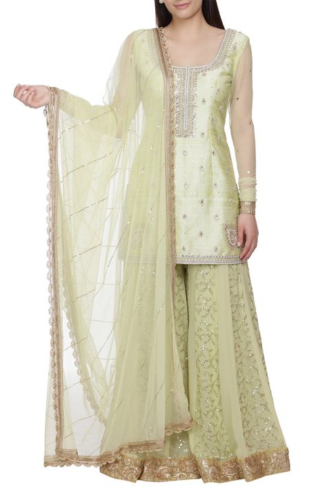 Buy Embroidered sharara set by Bhumika Grover at Aza Fashions Mint Green Sharara, Green Sharara, Embroidered Sharara, Sharara Pants, Rajputi Dress, Embroidered Suit, Casual Indian Fashion, Trendy Dress Outfits, Sharara Set