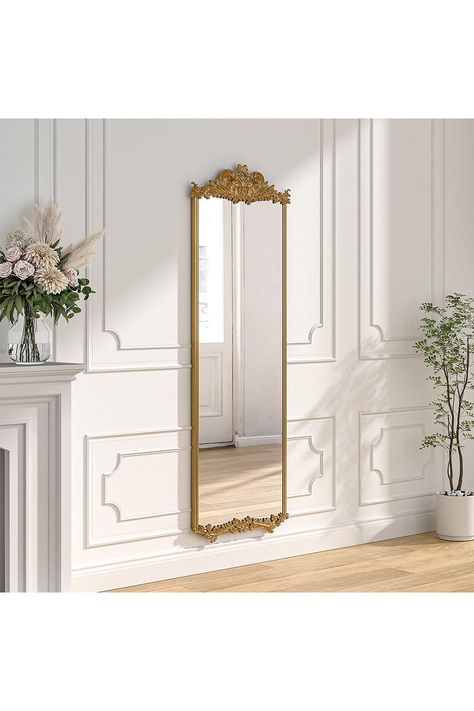 Fill up your space with light and beautiful rustic allure using this Livingandhome Antique Gold Metal Ornate Full-Length Mirror. The elaborate metal frame features delicate scrollwork and intricate details, creating a statement piece in any room. Standing 170cm tall, this mirror offers a clear, distortion-free reflection for your daily styling needs. The wall mount design allows you to hang it anywhere you desire, making it a perfect addition to your bedroom, walk-in closet, or even a boutique store. Mirror Full Length, Occasion Dresses Wedding Guest, Gold Framed Mirror, Mirrors Antique, Vintage Mirror Wall, Boutique Store, Framed Mirror, Length Mirror, Full Length Mirror