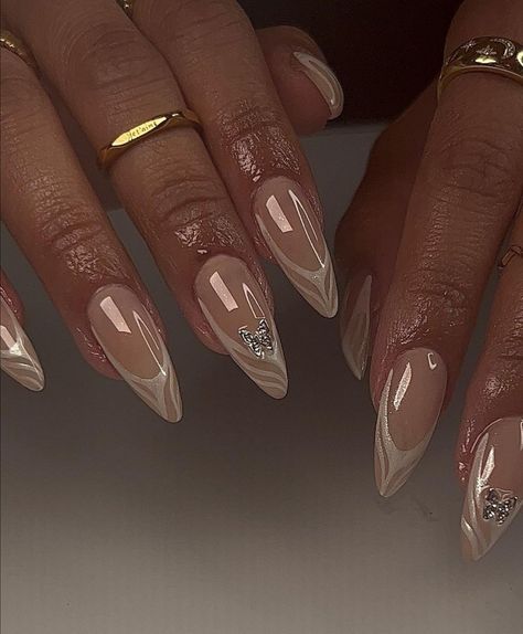 Almond Nail Designs Classy, Mail With Gems, Baddie Nails Instagram Almond, Almond Nails Designs Elegant, Long Almond Nail Inspiration, Classy Vacation Nails Almond, Angelic Nails Acrylic, Ethereal Nails Almond, Almond Acrylic Nails Designs Classy