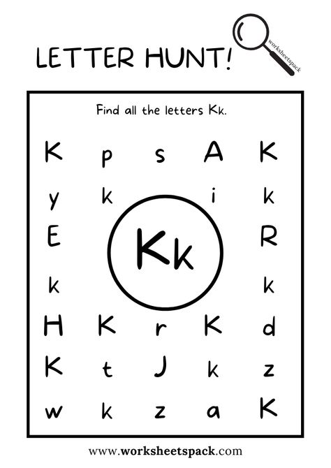 Find the Letter K Worksheet, Alphabet K Hunt Activity Free Printable for Kids - Printable and Online Worksheets Pack Letter K Printables For Preschoolers, Letter F Activities For Preschool Crafts, Letter Hunt Printable Free, Letter K Worksheets For Preschoolers, K Worksheets Preschool, Letter K Crafts For Preschoolers, Letter K Activities For Preschool, Letter K Worksheet, Letter K Worksheets