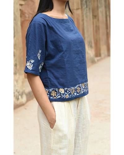 Blue Crop Top I Shop at :http://www.thesecretlabel.com/ekadi Handloom Tops Cotton, Top For Jeans Indian, Cotton Tops For Jeans Indian, Short Tops With Jeans, Georgette Tops For Jeans, Cotton Tops Designs Casual, Short Kurtis For Jeans Cotton Style, Short Tops With Jeans Indian, Cotton Tops Designs For Jeans