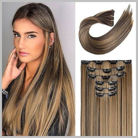 This Clip In Hair Extension Is Made From Japanese Technology Heat-Friendly Fiber, With A Natural Look And Soft Feel Like Human Hair. It Is The Same Amount Of Hair But 30% Lighter Than Regular Hair Fiber Extensions. 16 Clips To Provide A Secure Hold With Even Weight Distribution And Less Tension On The Natural Hair And Scalp Damage To Natural Hair. These Are Securely Attached To Your Hair With Pressure Clips. No Tools, Chemicals, Or Glue Are Needed For Clips. No Tools, Chemicals, Or Glue Are Required. Clip In Hair Extensions Can Increase The Fullness And Length Of Your Hair While Boosting Self-Confidence Without Spending Hours And Hundreds In The Salon. With Fresh And Youthful Highlights Co Dark Blonde Highlights, Clip In Hair Extension, Black Hair Extensions, Weft Hair Extensions, Halo Hair, Synthetic Hair Extensions, Dirty Blonde, Short Bob Wigs, Clip In Hair