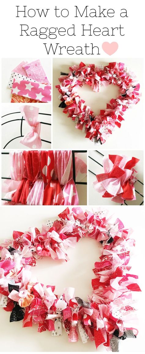 How to make a Valentine's Heart Fabric Rag Wreath- a cute Valentine's Day Craft idea. Rag Wreath Tutorial #ValentinesDayCrafts #DIYWreath #RagWreath #FabricWreathTutorial Fabric Wreath Tutorial, Syprosjekter For Nybegynnere, Heart Wreath Form, Rag Wreath Tutorial, Valentine Wreath Diy, Heart Fabric, Diy Valentines Decorations, Rag Wreath, Fabric Heart