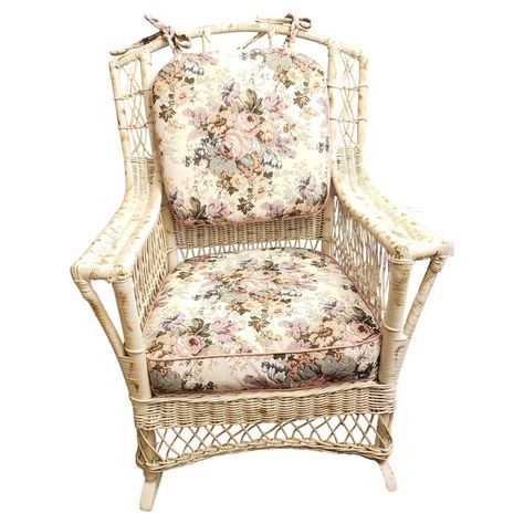 1870s Heywood Wakefield Victorian Wicker rocking arm chair. Ultra comfortable and in very good condition. Seat cushion upholstery in great shape, very firm and very firm. Cushion upholstery zipped for easy cleaning. Double sided cushions. Springs are in great shape and just add to the already comfortable chair. One side of the back cushion is worn at the end, but the other side is great. Loose cushions for easy cleaning. Antique white color with military green accents. 29" in width x 32" in Dept Paint Upholstery, Heywood Wakefield, Vintage Wicker, Wakefield, Green Accents, Comfortable Chair, Antique White, Arm Chair, Seat Cushion