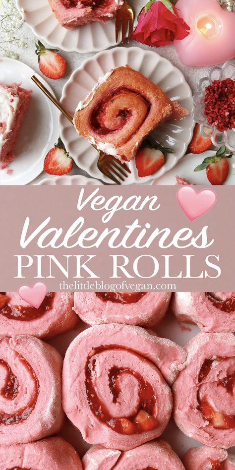 Pink cinnamon rolls with cream cheese Pink Cinnamon Rolls, Valentines Strawberry, Strawberry Rolls, Raspberry Compote, Strawberry Cinnamon Rolls, Vegan Cream Cheese Frosting, Vegan Cinnamon Rolls, Strawberry Donuts, Kitchen Ingredients