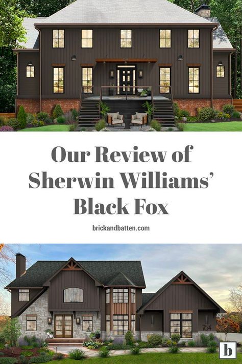 Sherwin Williams’ Black Fox is a deep, complex neutral paint color. This saturated shade is versatile and striking and made our list of the top exterior house colors of 2022. Black Fox has rich brown undertones that give it a warmer feel than other more traditional black paint colors. Check out our most recent blog post for more on why we’re recommending Black Fox in our exterior designs and how we love to use it. Let us be your exterior paint color consultants! #exteriordesign #exteriorpaint Gauntlet Gray Sherwin Williams Exterior Black Trim, Peppercorn Trim Exterior, Exterior House Colors Dark Gray, Charcoal Ranch House Exterior, Dark Gray Painted Brick House, Medium Grey Exterior House Colors, Peppercorn Exterior House Paint, Exterior Dark Gray Paint Colors, Peppercorn Sherwin Williams Exterior House