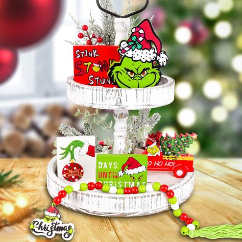 PRICES MAY VARY. 【CHRISTMAS TIERED TRAY DECOR】You will get 6 pieces wooden grinchy themed signs(Tiered Tray Not Included). That will meet all your Christmas DIY Decoration needs! The Christmas table decoration can be perfectly matched with other small christmas tray items or winter elements. 【HIGH QUALITY WOOD SIGNS】These mini wooden signs are made of High quality wooden blocks , All pieces have been laser cut,clearly painted.The thickness of wooden is 0.6inch which can support it stands up by i Grinchmas Ideas, Tiered Tray Decorations, Christmas Tiered Tray Decor, Christmas Colour Schemes, Grinch Decorations, Christmas Decorations Centerpiece, Le Grinch, Winter Elements, Wooden Centerpieces