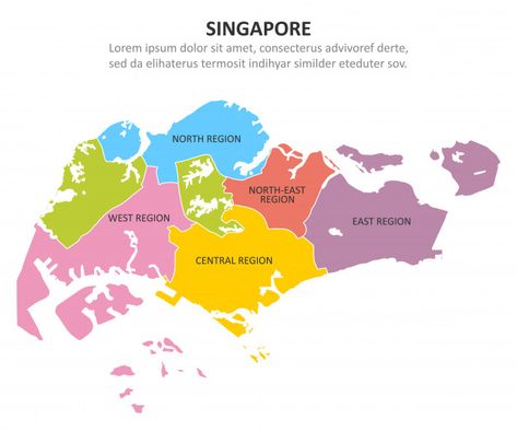 Singapore multicolored map with regions. | Premium Vector Peta Singapore, Peta Singapura, Singapore Map, Travel Book Design, Northeast Region, Infographic Map, Map Reading, Vector Infographic, Childcare Activities