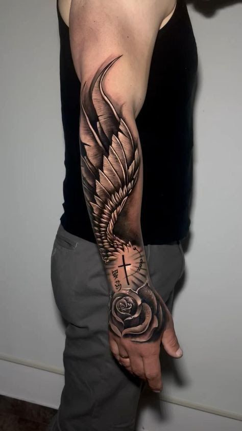 Rosen Tattoo Mann, Tato Setengah Lengan, Arm Tattoos For Guys Forearm, Wing Tattoo Men, Half Sleeve Tattoos Forearm, Forearm Band Tattoos, Realistic Tattoo Sleeve, Men Tattoos Arm Sleeve, Cool Arm Tattoos