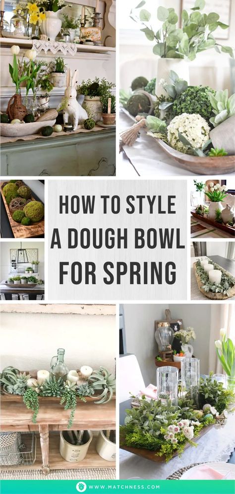 How to Style a Dough Bowl for Spring - Matchness.com Dining Room Table Centerpiece Ideas With Lanterns, Large Dough Bowl Centerpiece, Wooden Bowl Centerpiece Ideas, Round Dough Bowl Centerpiece, Easter Centerpieces Table Dining Rooms, Long Dough Bowl Centerpiece, Spring Vignettes Display Ideas, Large Dough Bowl Decor Ideas, Easter Coffee Table Decor