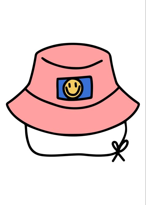 Drawings Of Hats, How To Draw A Bucket Hat, Beach Hat Drawing, Bucket Hat Tattoo, Hat Cartoon Drawing, Bucket Hat Illustration, Bucket Hat Drawing, Summer Art Aesthetic, Bucket Hat Aesthetic