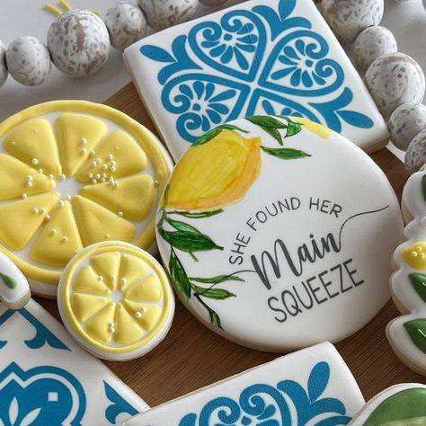 Laura Moffat | Decorated Sugar Cookies | Rancho Cucamonga Ca on Instagram: "“She found her main Squeeze”. . These were so fun to make and such a cute theme!!! . Stencils by @lmmstencilstudio #lmmstencilstudio #littlemissmoffatcookies @lmmstencilstudio #mainsqueeze #bridalshowercookies #royalicingcookies" She Found Her Main Squeeze Cookies, Main Squeeze Cookies, She Found Her Main Squeeze, Found Her Main Squeeze, Lemon Themed Bridal Shower, Bridal Shower Cookies, Decorated Sugar Cookies, Main Squeeze, Cute Themes