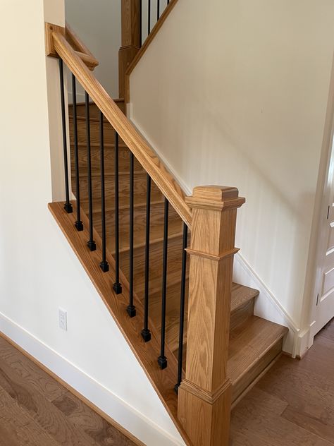 Craftsman Railings For Stairs, Farmhouse Stairs Railing, Wooden Banisters And Railings, Updating Banisters And Railings, Simple Stair Railings, Oak Banister Makeover, Oak Railing, Stairway Railing Ideas, Stairway Ideas