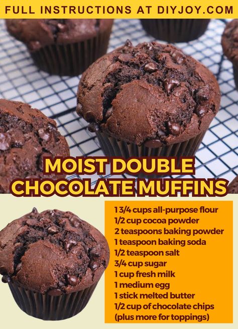 Double Chocolate Muffin Recipe, Chocolate Muffins Recipe, Diy Joy, Chocolate Muffin Recipe, Chocolate Cake Recipe Moist, Chocolate Muffin, Double Chocolate Muffins, Rock Recipes, Recipes Snacks