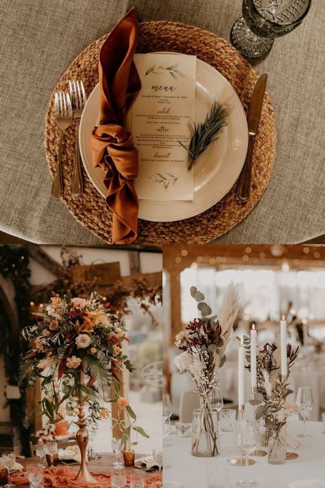 Fall Wedding Cheap Ideas, Cinammon Wedding Theme, Rust And Amber Wedding, Fall Boho Wedding Reception Tables, Terracotta Wedding Ceremony Decor, Diy Rustic Wedding Table Decor, Terracotta And Sage Centerpieces, Champagne Rustic Wedding Theme, Rustic Fall Wedding Place Setting