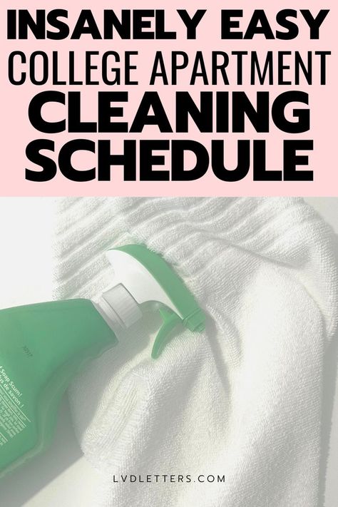 how to get your roommates to clean - your guide to cleaning with roommates! insanely easy college apartment cleaning schedule. Picture of spray bottle and towel laying on apartment table Cleaning Schedule Roommates, Cleaning Schedule For Roommates, Apartment Cleaning Checklist, Checklist For College, Apartment Cleaning Schedule, Roommate Chore Chart, Student Cleaning, Free Printable Cleaning Schedule, Dorm Cleaning