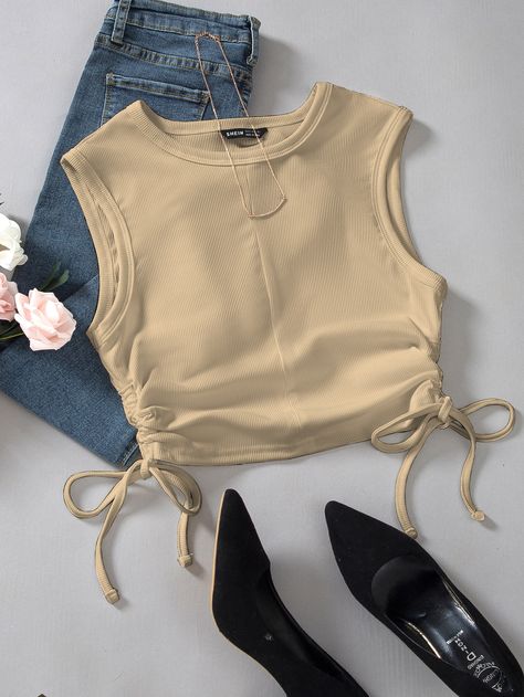 Khaki Casual   Polyester Plain Tank Embellished Slight Stretch Summer Women Tops, Blouses & Tee Khaki Top Outfit, Cute Tank Top Outfits, Tops Trendy, Rib Knit Top, Women Tank Tops, Aesthetic Shirts, Denim Romper, Outfits Verano, Simple Trendy Outfits