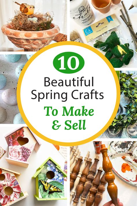 Photo of snippet photos of six out of ten easy spring crafts you can make and sell. Crafts include bird houses decorated with old greeting cards and an old muffin tin turned into a beautiful spring wreath. Spring Decor Crafts, Spring Garden Crafts, Sellable Crafts, Springtime Crafts, Spring Wood Crafts, Diy Spring Crafts, Easy Crafts To Sell, Trending Crafts, Diy Summer Crafts