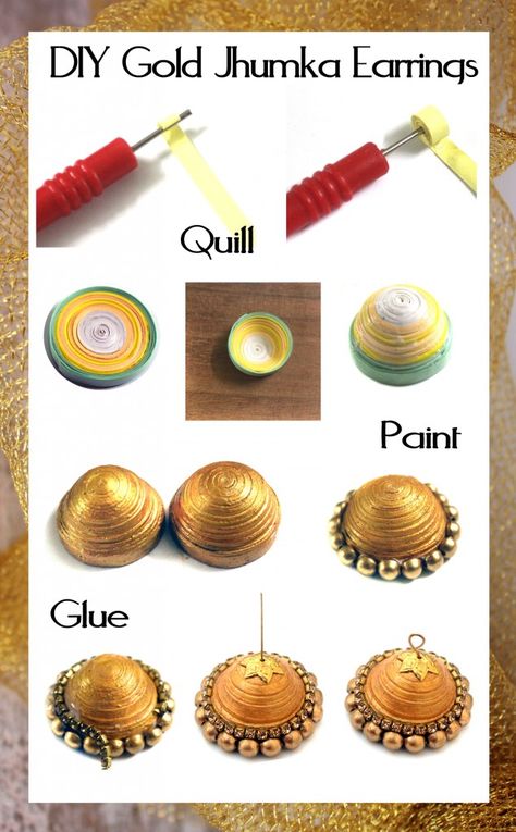 DIY Gold Jhumka Earrings 5 Madras Day, Quilling Earrings Jhumkas, Gold Jhumkas, Indian Jhumka, Paper Quilling Earrings, Quilled Earrings, Woolen Craft, Paper Jewellery, Silk Thread Earrings