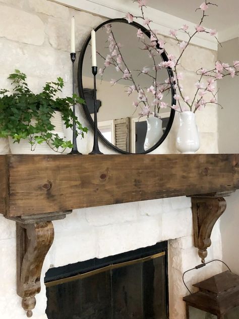 Spring Mantel Decorating Ideas, Cherry Blossom Branches, Spring Mantle, Spring Mantel, Fireplace Mantle Decor, The Mantle, Fireplace Mantel Decor, Farmhouse Fireplace, Faux Fireplace