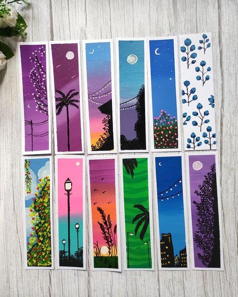 Sania Fatima on Instagram: "On Sale✨✨ Aesthetic skies Bookmarks❤❤ Hello guys!! Hope you all are doing good😍😍 A very simple gouache bookmark paintings! Let me know what you think of this in the comment section!☺️❤️ Save, share and tag if recreate any of my artworks! I would love to see them all!🤗 My entry for - #vedikaxfactornotes @paint_with_vedika @factornotes Material : Bookmark - @zen_sangam Followers : 7600❤ . . TAGS : #artwork #art #artistsoninstagram #artofinstagram #bookmark #eveningv Index Card Painting, Book Mark Design Ideas Simple, Acrylic Painted Bookmark Ideas, Book Marks Painting, Bookmark Painting Ideas Acrylic, Book Mark Drawing, Book Mark Painting Ideas, Simple Bookmark Ideas, Book Mark Painting