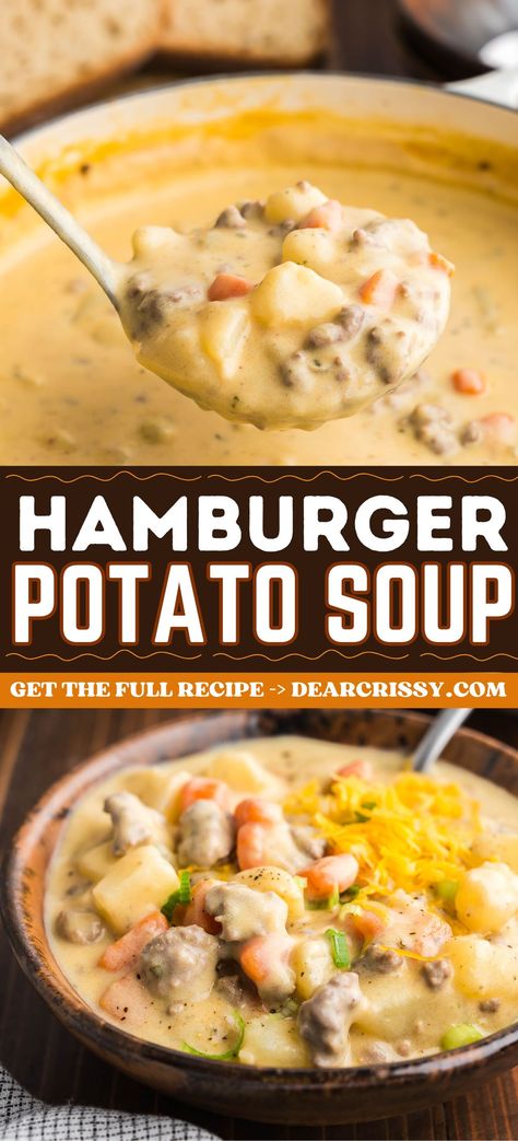 My Creamy Hamburger Potato Soup Recipe is an easy dinner idea that is made with tender potatoes, hearty ground beef, and Velveeta Cheese. This recipe is a delicious dinner for busy weeknights. Ground Beef In Soup, Hamburger Comfort Food Recipes, Subway Potato Soup Recipe, Red Potato Soup Recipes Crock Pot, Hamburg Potato Soup, Crockpot Soup Recipes Ground Beef, Creamy Potato And Hamburger Soup Recipe, Potato Soup With Hamburger Meat, Easy Recipes For 2 People