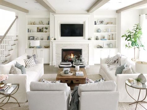 open concept, living room, neutral decor, white couches, white sofa, builtins fireplace, tv above fireplace, living room beams #livingroomfurniture Concept Living Room, Open Living Room Design, Tv Mounted, Living Room Furniture Layout, Open Concept Living Room, Trendy Living Rooms, Open Living Room, White Living, White Living Room