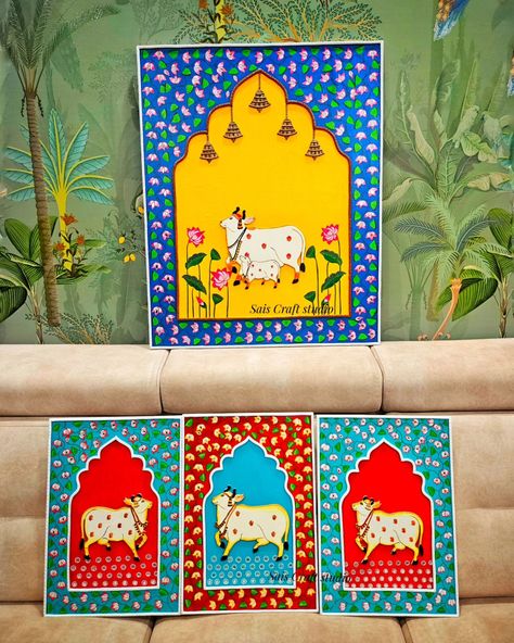 A herd of pichwai cow wall art made on order and dispatched to pune.Its a blend of pichwai and lippan art in vibrant colours. Dm / msg me for orders. #saiscraftstudio #pichwai #pichwaicow #lippanart #jharokha #indianhomedecor #traditionalart #pichwaipainting #art #artwork #handpainted Indian Cow Painting, Lippan Kaam, Pichwai Cow, Pichwai Art, Cow Wall Art, Lippan Art, Lotus Art, Pichwai Paintings, Cow Painting