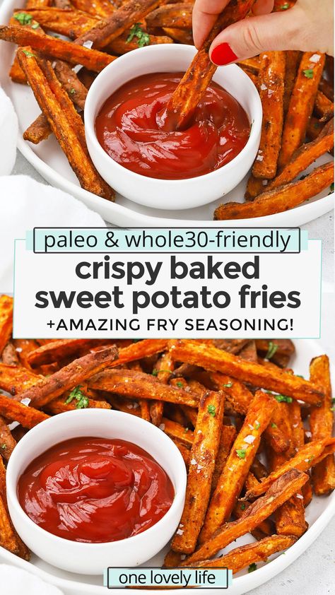 Crispy Baked Sweet Potato Fries - How to make crispy baked sweet potato fries & the best fry seasoning! (Paleo, Whole30, Gluten-Free) // Sweet Potato Oven Fries // Paleo Sweet Potato Fries // Whole30 Sweet Potato Fries // Healthy Sweet Potato Fries #sweetpotatofries #ovenfries #paleo #whole30 #vegan #glutenfree Whole30 Sweet Potato Fries, Paleo Sweet Potato Fries, Healthy Sweet Potato Fries, Sweet Potato Fries Seasoning, Potato Oven, Spicy Sweet Potato Fries, Whole30 Sweet Potato, Fries Healthy, Homemade Sweet Potato Fries