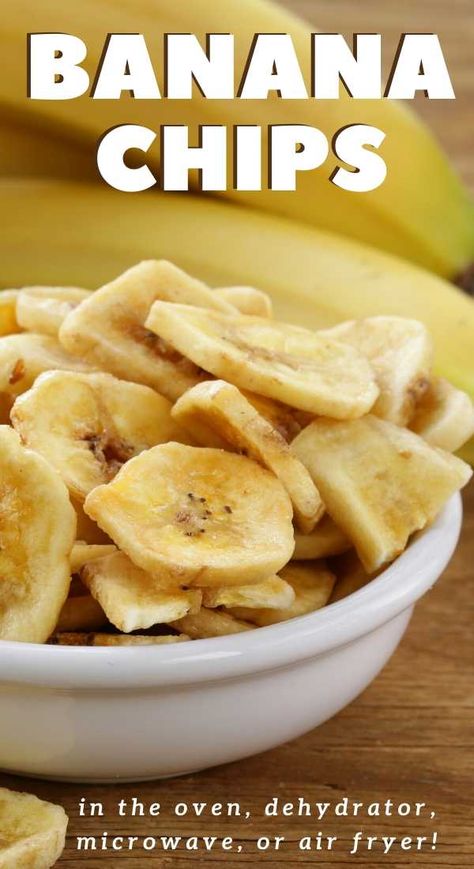 Homemade Banana Chips are a healthy, inexpensive, and easy snack the entire family will love. Fresh bananas are sliced and dried in a dehydrator, oven, microwave or air fryer! Baked Banana Chips, Homemade Banana Chips, Banana Chips Recipe, Dehydrated Bananas, Recipe Air Fryer, Banana Recipe, Air Fryer Oven Recipes, Air Fry Recipes, Banana Chips