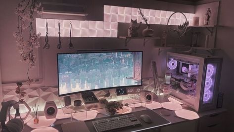 Pc Aesthetic Setup, Set Up Pc, Games Room Inspiration, Gamer Room Decor, Video Game Room Design, Pc Setups, Bedroom Setup, Room Redesign, Study Room Decor