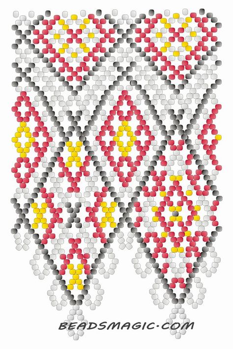 Free pattern for necklace Mexico in native style.   U need : seed beads 11/0 Step 1    How to use this diagram. U just count how much seed beads of every color is on the pattern and follow arrows dire Huichol Pattern, Diy Necklace Patterns, Beaded Ornament Covers, Beaded Necklace Tutorial, Pola Manik, Bead Weaving Tutorials, Beaded Necklace Patterns, Beading Netting, Beading Patterns Free