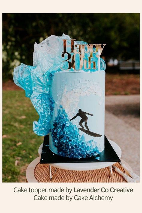 Cutomise cake topper made in acrylic perfect for special occasions Surfer Cake, Surf Cake, Ocean Cakes, Surf Party, Summer Birthday Party, Happy 30th, Wood Painting Art, Summer Birthday, 8th Birthday