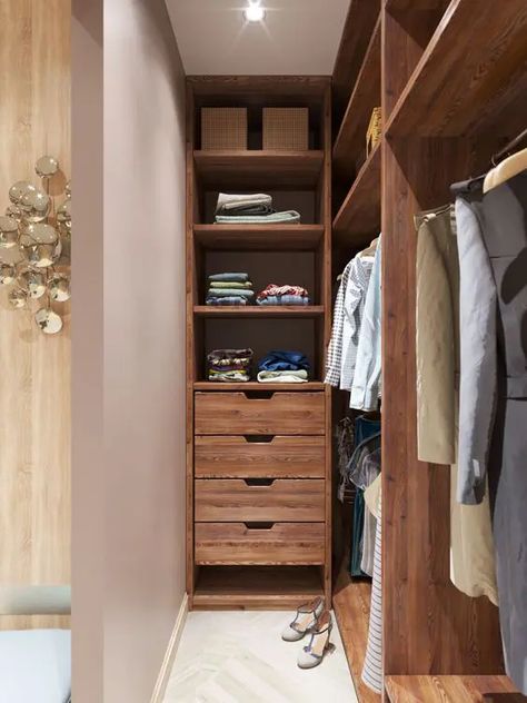 a rich stained narrow closet with open shelves and drawers, some lights over the space is a well organized and cool space One Sided Walk In Closet, Narrow Closet Design, Small Closet Design, Narrow Closet, Small Dressing Rooms, Wooden Cupboard, Walk In Closet Design, Closet Design Layout, Closet Renovation