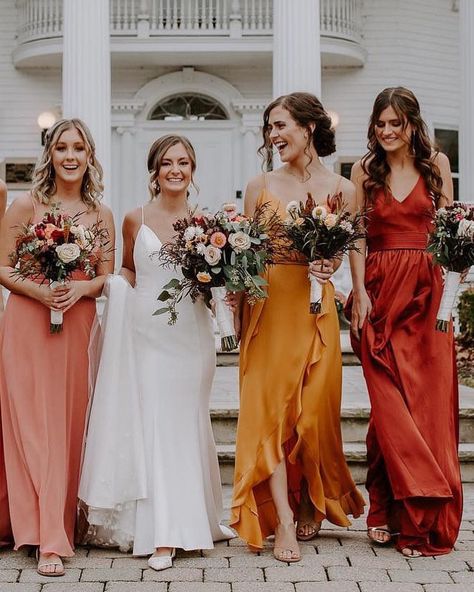 Mix & match maid will always be a wedding win!❤️🙌 Capture sunset hues with shades like Desert Coral, Marigold, and Cinnamon for a gorgeous… Bridesmaid Dress Trends, Bridesmaid Dresses Red Long, Pink Bridesmaid Dresses Long, Yellow Weddings, Mix Match Bridesmaids, Orange Bridesmaid, Fall Bridesmaids, Sunset Hues, Fall Bridesmaid Dresses