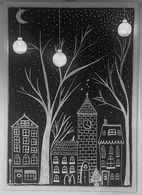 Winter Chalk Drawings, Chalk Marker Winter Window, Winter Painting On Window, Chalk Marker Window Art Christmas, Winter Blackboard Ideas, White Marker Window Christmas, Winter Window Chalk Art, Chalk Christmas Window, Window Chalk Art Christmas