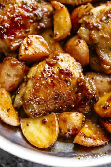 Honey Mustard Chicken & Potatoes (One Pan) - Cafe Delites Creamy Honey Mustard Chicken, Honey Mustard Chicken Thighs, Mustard Chicken Thighs, Mustard Chicken Recipes, Chicken And Potatoes, Honey Mustard Chicken, Mustard Chicken, Honey Mustard Sauce, Mustard Sauce