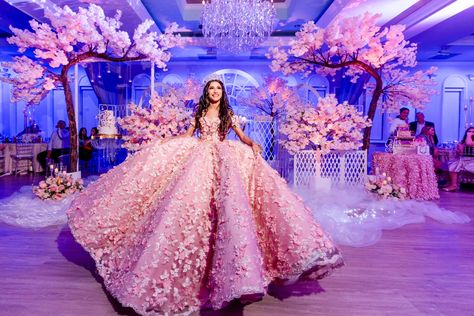 Cherry Blossom Themed Quinceanera, Cherry Blossom Quince Theme, Quinceanera Sitting Area, Cherry Blossom Sweet 16 Dress, Japanese Quinceanera Ideas, Cherry Blossom 15 Theme, Cherry Blossom Dress Quinceanera, Cherry Blossom Sweet 16 Party Ideas, Mulan Quinceanera Theme