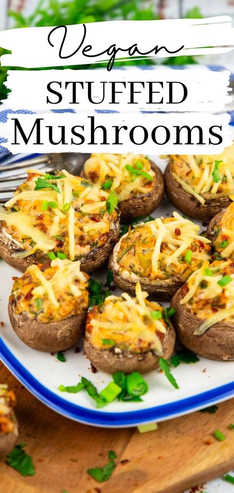 These vegan stuffed mushrooms with a creamy and savory filling make a mouthwatering appetizer. And you won't believe how easy the recipe is! Vegan Shredded Cheese, Vegan Stuffed Mushrooms, Vegan Appetizer, Mushroom Appetizers, Easy Vegetarian Dinner, Stuffed Mushroom, Easy Vegan Dinner, Vegan Cream Cheese, Vegan Thanksgiving