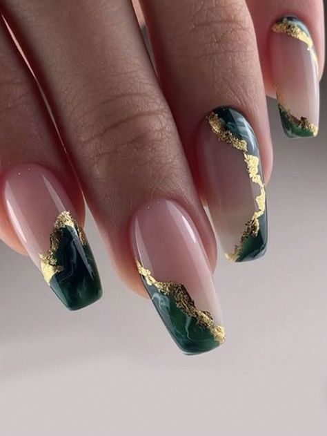 24pcs French Style Green Marble & Gold Foil Medium Ballerina Nail Tips + 1pc Jelly Gel + 1pc Nail File Press On Nails Nail SuppliesI discovered amazing products on SHEIN.com, come check them out! Clear Glitter Nails, Foil Nail Designs, Gold Gel Nails, Acrylic Nail Designs Coffin, Nails Press Ons, Emerald Nails, Bridesmaids Nails, Gold Acrylic Nails, Dark Green Nails