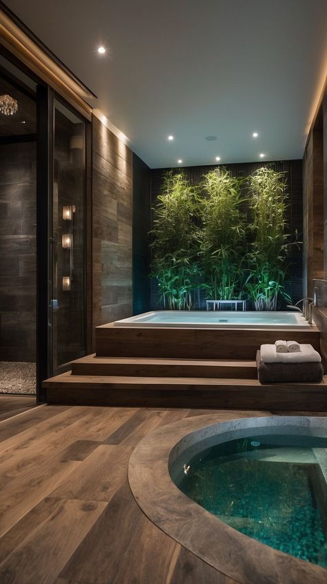 Home Spa Retreat Designs for Ultimate Comfort and Peace Home Hot Tub Ideas, 2 Headed Shower Ideas, Jaccuzi Room Ideas, Spa Steam Room Design, Luxury Home Wellness Room, Spa Feature Wall Ideas, Modern Spa Like Bathroom, 2 Person Jacuzzi Tub, Spa Like Home Gym